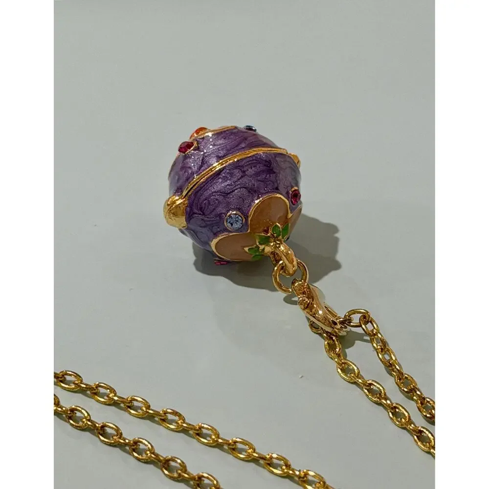 Vintage Joan Rivers Faberge Style Egg Locket Necklace • Purple Enamel • Gold Pl